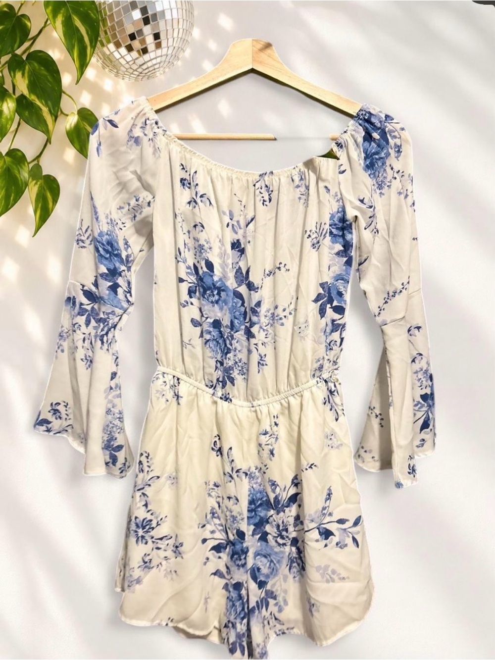Free People Cream Romper with Blue Floral Print